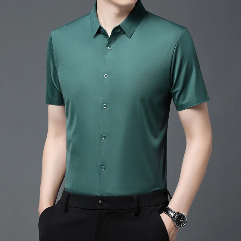 Men'S Ultra Stretch Short Sleeve Shirt Business Casual Breathable Stretchable Abrasion-Resistant Solid Color Short Sleeve Shirt