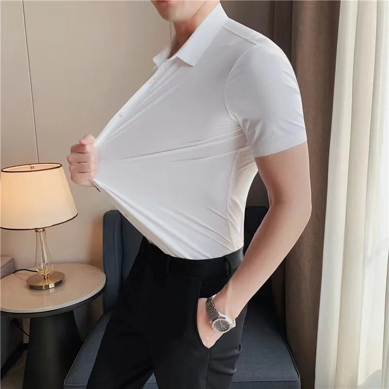 Men'S Ultra Stretch Short Sleeve Shirt Business Casual Breathable Stretchable Abrasion-Resistant Solid Color Short Sleeve Shirt