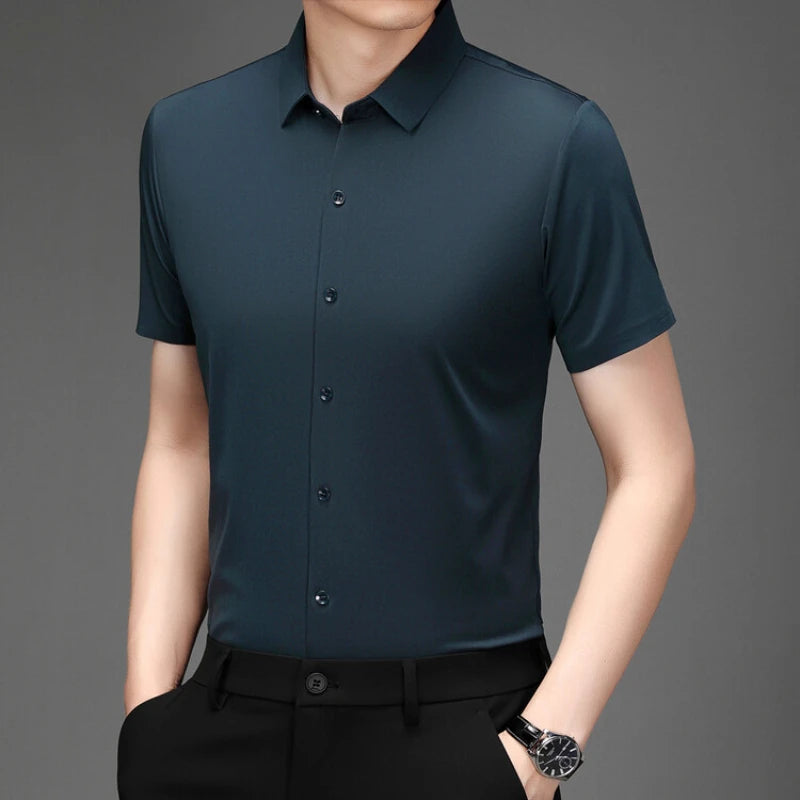 Men'S Ultra Stretch Short Sleeve Shirt Business Casual Breathable Stretchable Abrasion-Resistant Solid Color Short Sleeve Shirt