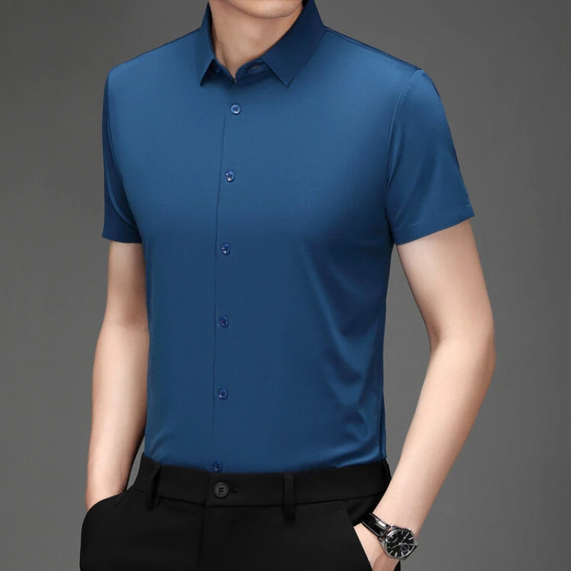 Men'S Ultra Stretch Short Sleeve Shirt Business Casual Breathable Stretchable Abrasion-Resistant Solid Color Short Sleeve Shirt