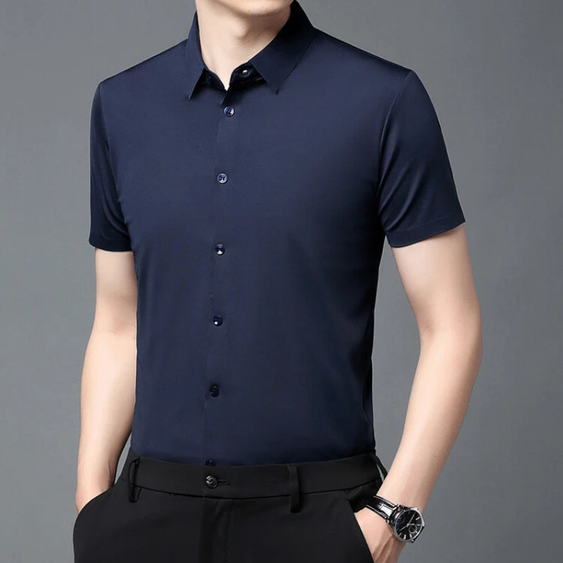 Men'S Ultra Stretch Short Sleeve Shirt Business Casual Breathable Stretchable Abrasion-Resistant Solid Color Short Sleeve Shirt