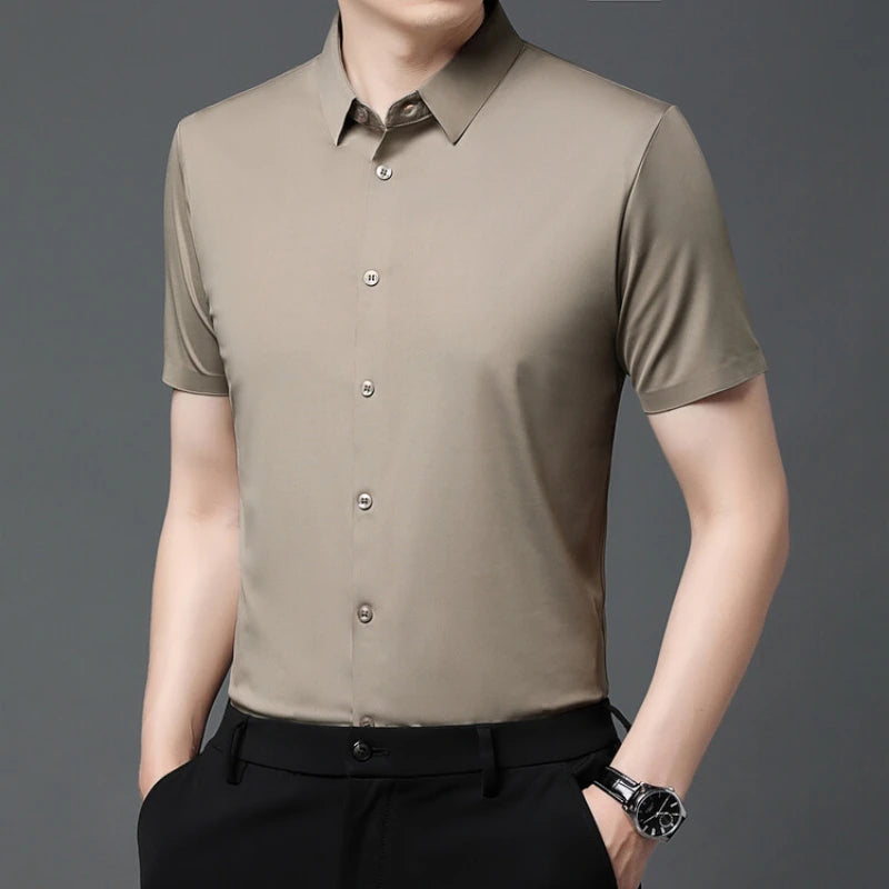 Men'S Ultra Stretch Short Sleeve Shirt Business Casual Breathable Stretchable Abrasion-Resistant Solid Color Short Sleeve Shirt