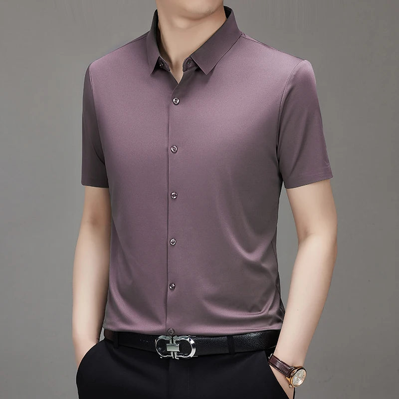 Men'S Ultra Stretch Short Sleeve Shirt Business Casual Breathable Stretchable Abrasion-Resistant Solid Color Short Sleeve Shirt