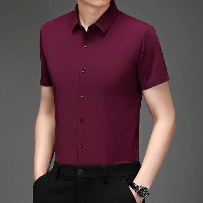 Men'S Ultra Stretch Short Sleeve Shirt Business Casual Breathable Stretchable Abrasion-Resistant Solid Color Short Sleeve Shirt