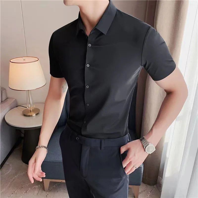 Men'S Ultra Stretch Short Sleeve Shirt Business Casual Breathable Stretchable Abrasion-Resistant Solid Color Short Sleeve Shirt