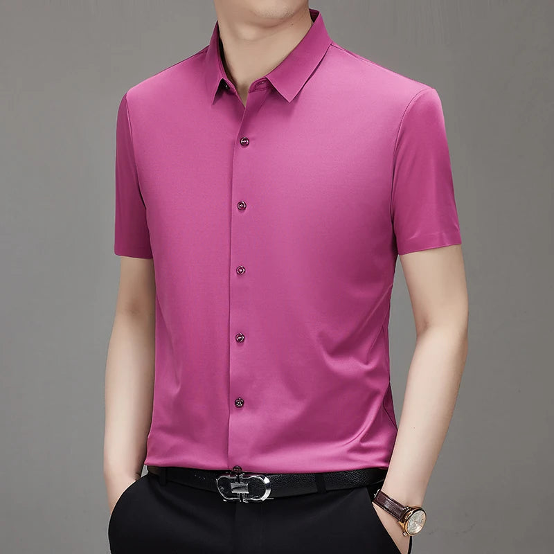 Men'S Ultra Stretch Short Sleeve Shirt Business Casual Breathable Stretchable Abrasion-Resistant Solid Color Short Sleeve Shirt