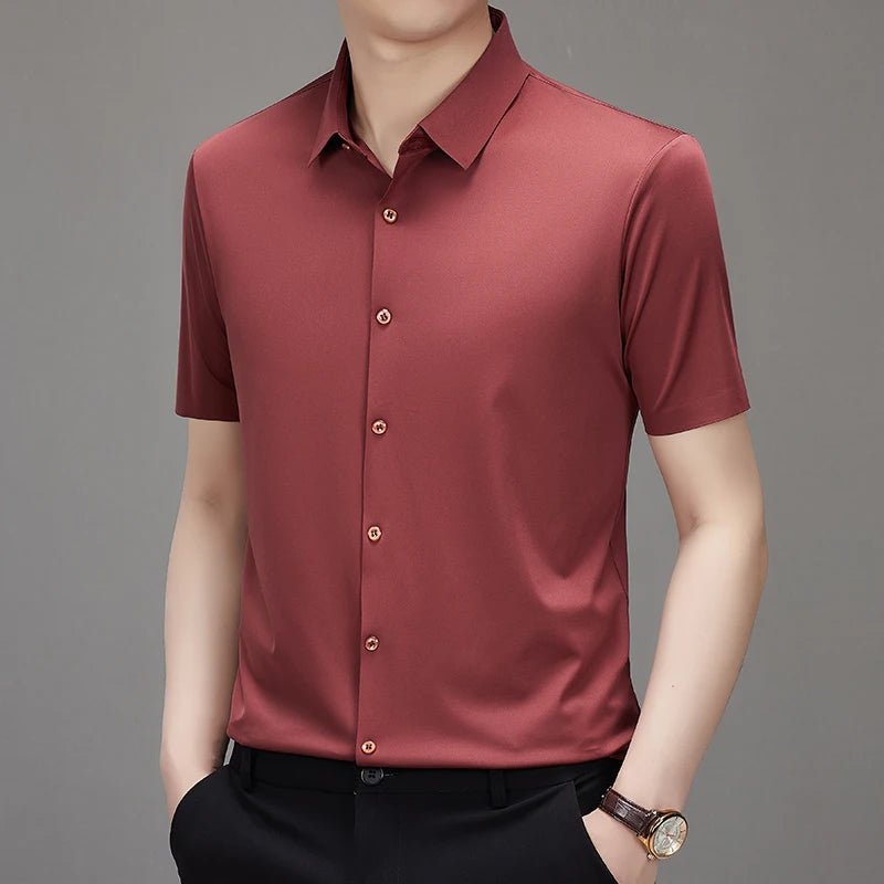 Men'S Ultra Stretch Short Sleeve Shirt Business Casual Breathable Stretchable Abrasion-Resistant Solid Color Short Sleeve Shirt