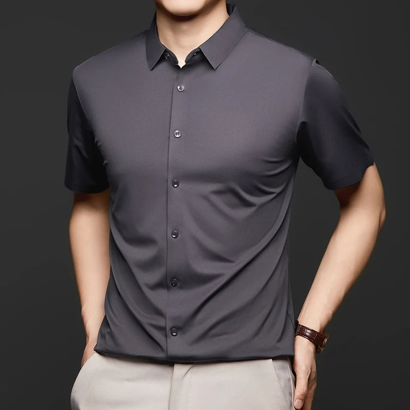 Men'S Ultra Stretch Short Sleeve Shirt Business Casual Breathable Stretchable Abrasion-Resistant Solid Color Short Sleeve Shirt