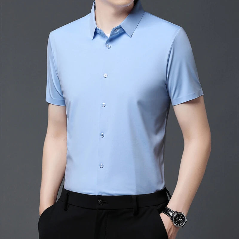 Men'S Ultra Stretch Short Sleeve Shirt Business Casual Breathable Stretchable Abrasion-Resistant Solid Color Short Sleeve Shirt