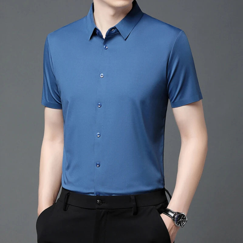 Men'S Ultra Stretch Short Sleeve Shirt Business Casual Breathable Stretchable Abrasion-Resistant Solid Color Short Sleeve Shirt