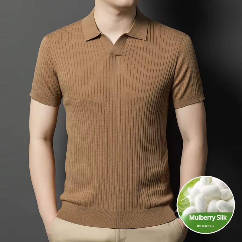 Mulberry Silk Men'S Short-Sleeved Shirt, Slim Fit Summer Business Gentleman Men'S Polo Shirt in 2024, High-End Knitwear
